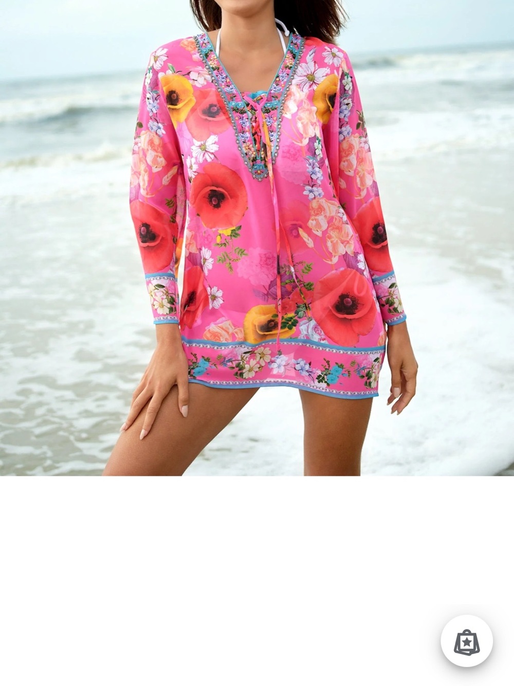 Bright Pink Floral V-Neck Swim Coverup with Embellished Trim